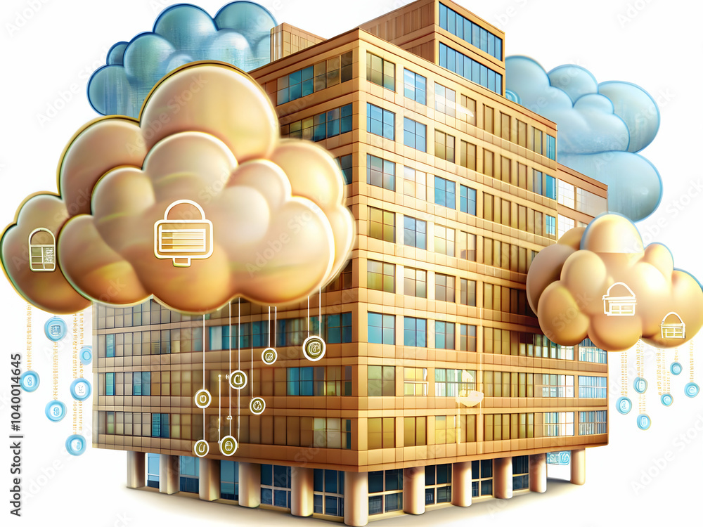 Poster abstract cloud computing elements hovering over corporate building, digital shapes representing busi