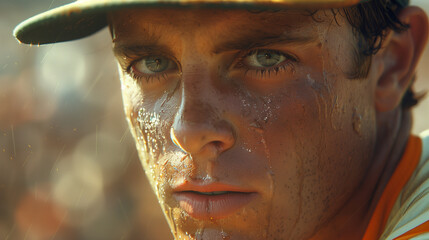 Close-up of professional baseball player 
in uniform, intense expression as he 
prepares to throw the ball during a 
high-stakes playoff game, capturing 
the focus and determination of the athlete.