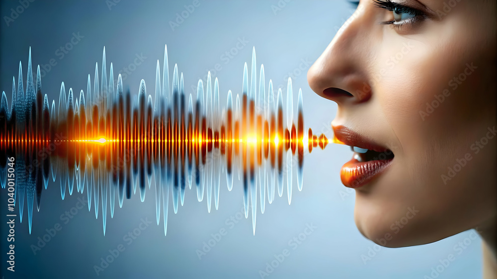 Poster close up human voice sound waves merging digital signals concept macro image illustrating fusion of 