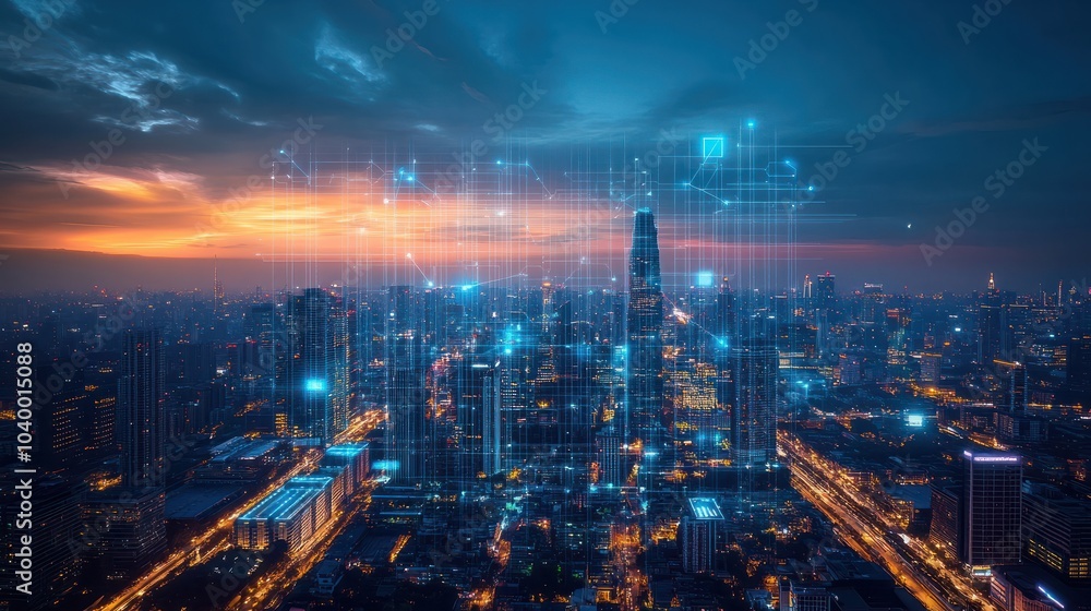 Poster a smart city with a connected network and internet of things.
