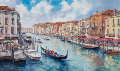 Watercolor Beautiful view of the Grand Canal with boats and colorful facades of old medieval houses from the Rialto Bridge in Venice, Italy. Venice is a popular