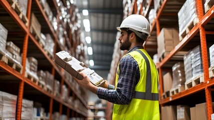 Warehouse Worker Inspecting Inventory on Shelves with Safety Gear