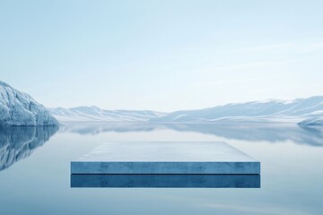 Concrete Platform Floating on a Calm Glacial Lake with Snowy Mountains in the Background