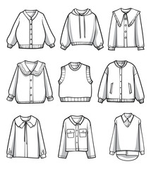 Black and white vector illustration of diverse sweater styles in clean line art