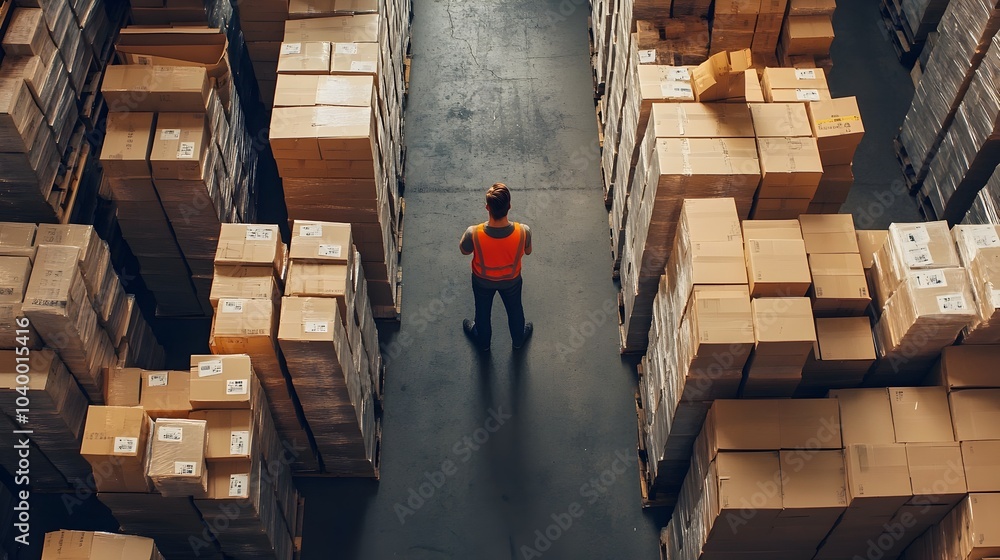 Poster systematic warehouse worker organizing boxes for efficient inventory management