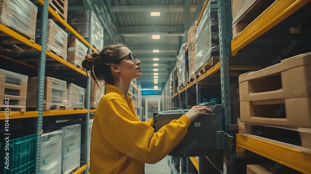 Aufkleber worker adjusting robotic system in high-tech warehouse for seamless automation