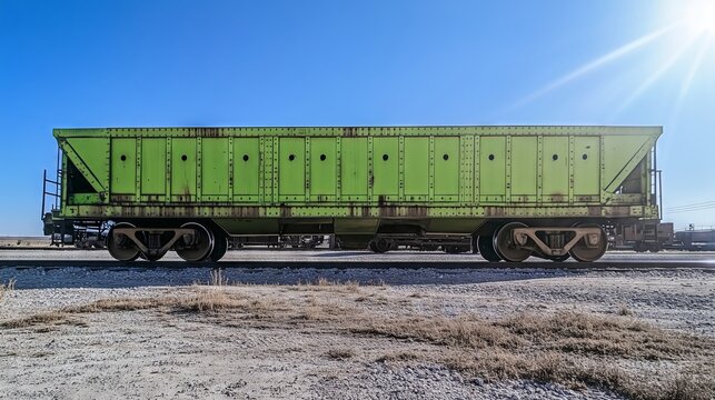 Green hopper train car sitting empty on tracks