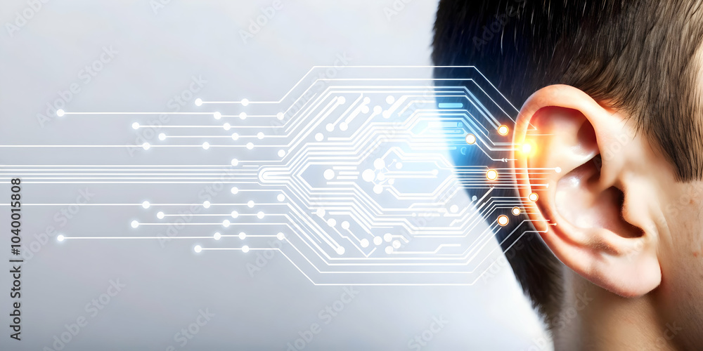 Poster close up human ear sound waves circuit overlay macro image technology communication ample copy space