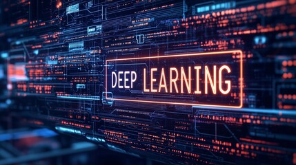 Futuristic digital interface with 'deep learning' text, symbolizing ai technology.
