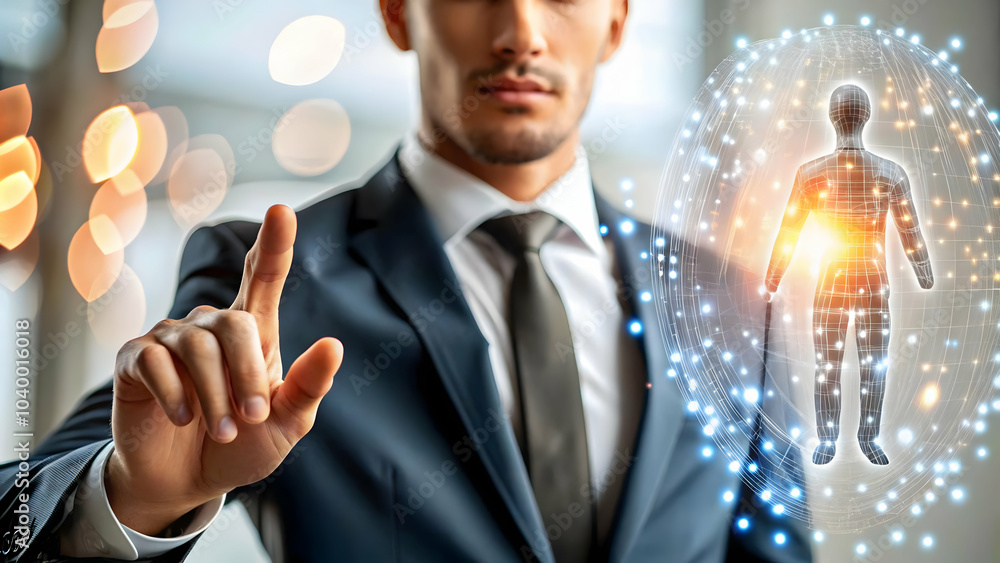 Poster silhouette businessman touching holographic ai interface bokeh background soft light scene concept a
