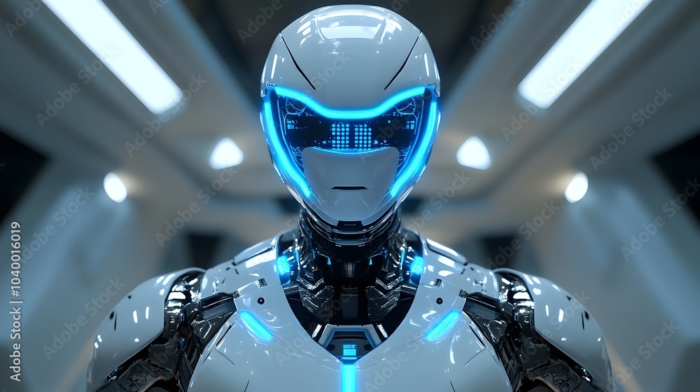 Poster advanced humanoid robot with blue lights posing in futuristic setting