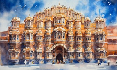 Watercolor The Historic and Beautiful Wind palace of Jaipur also known as hawamahal