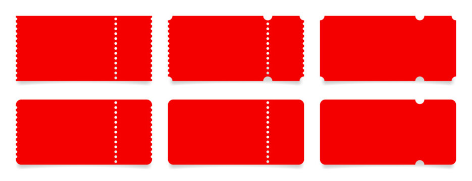 Set of red ticket mockups with ruffle edges and shadows. Empty template. Concert, movie or theater ticket. Boarding blank, lottery, sale coupon	
