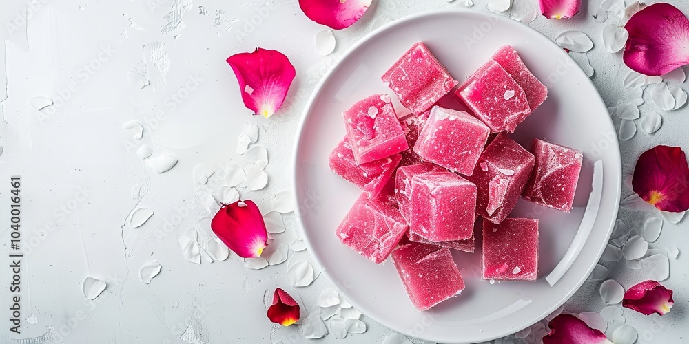 Poster an overhead and up-close view of a rose turkish delight served on a white plate with plenty of space