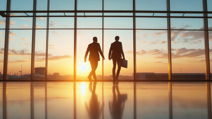 Businessmen walking in airport terminal at sunset