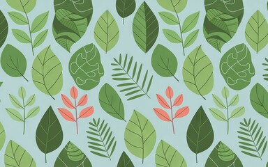 Green leaf pattern. A seamless pattern of green leaves on a blue background. The leaves are simple and stylized, representing growth and nature.