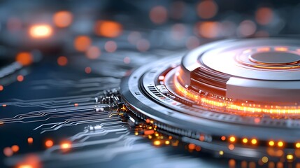 Abstract tech circle with data streams and glowing circuits floating on a dark backdrop representing advanced technology and big data processing in a futuristic 3D digital art visualization