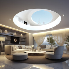 A chic living space with a fancy  curved concrete ceiling, leather sofas, black metal accents, a large abstract rug, and a statement chandelier hanging in the center.