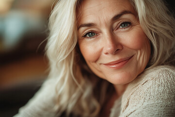 Fototapeta premium Close-up portrait of a smiling senior woman with blonde hair and a relaxed expression, wearing a cozy sweater. Warm and inviting home environment. Concept of contentment, aging gracefully