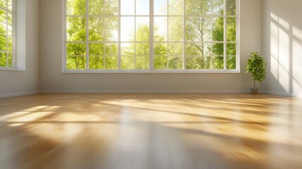 Fototapeta premium Bright and serene empty living space with large windows overlooking lush greenery inviting natural light for a tranquil atmosphere