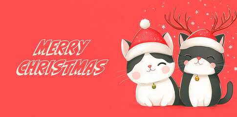 Illustration of two cute cats wearing Santa hats, one with reindeer antlers, on a red background with the text 'Merry Christmas' and snowflakes. Christmas and holiday greeting concept