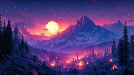 Naklejka premium Mountain Landscape with Moon and Stars