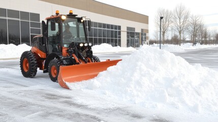 A snow plow is actively clearing a parking lot at an industrial building, removing heavy snow from the ground