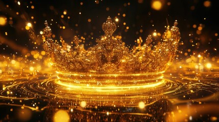 Naklejka premium A futuristic interpretation of an ornate golden crown, projected as a hologram with radiant particles and flowing data, captivating the imagination