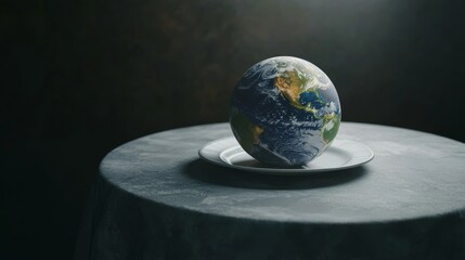 The dining table concept with the world on a plate reflects the responsibility of global food and the need to strike a balance between consumption and conservation.