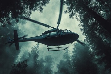 Fototapeta premium a blackhawk helicopter the sky in the forest, 