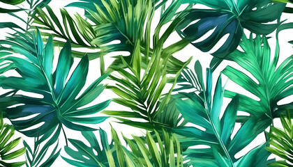 Watercolor painting of fresh green palm leaves in tropical style. The background is a comfortable light blue color.