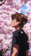 A young man gazes upward amidst blooming cherry blossoms, capturing a serene moment of beauty.