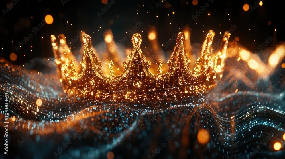Poster a golden crown presented as a mesmerizing holographic design, featuring intricate details and surrou