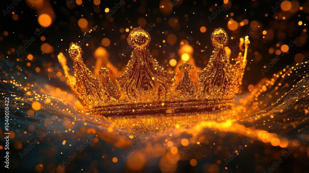 Poster a golden crown presented as a mesmerizing holographic design, featuring intricate details and surrou