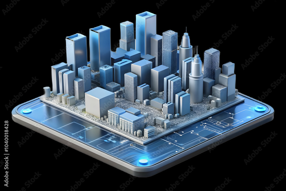 Poster glossy circuit board background with cityscape overlay concept | transparent overlay of smart city o