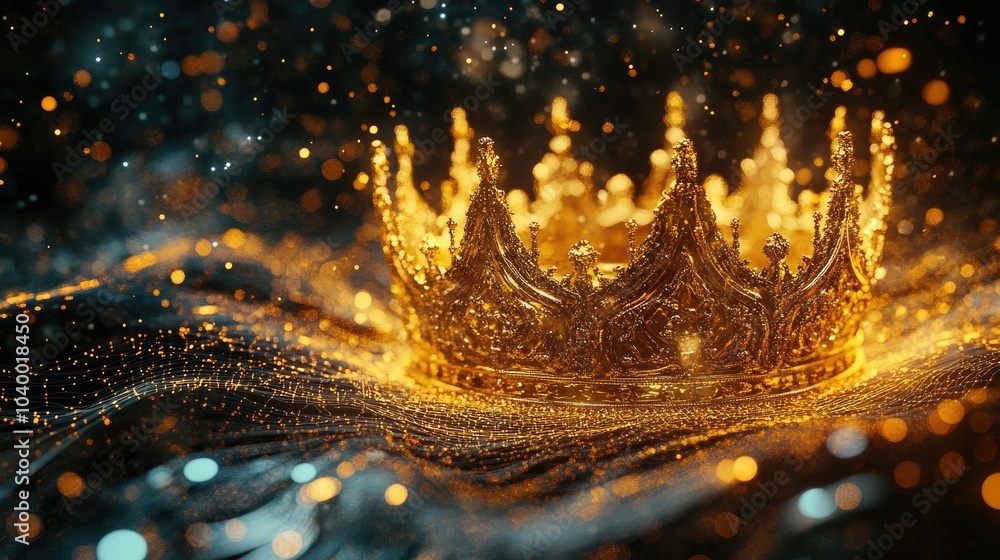 Poster a golden crown presented as a mesmerizing holographic design, featuring intricate details and surrou