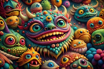 Naklejka premium Hand-Drawn Monster Set in Macro Photography Style for Unique Illustrations and Art Projects