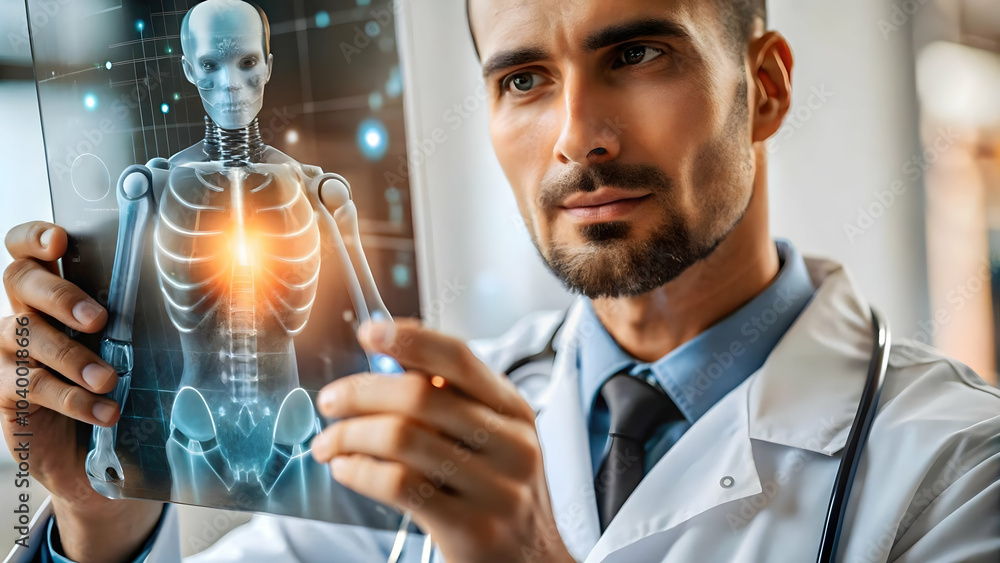 Poster doctor holographic interface robotic data display abstract digital art image innovative medical tech