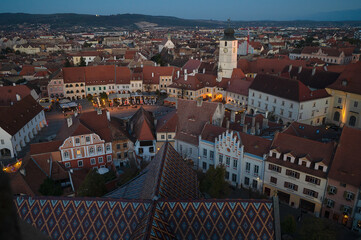 Aerial view of Sibiu City Transylvania Romania at sunset blue hour.