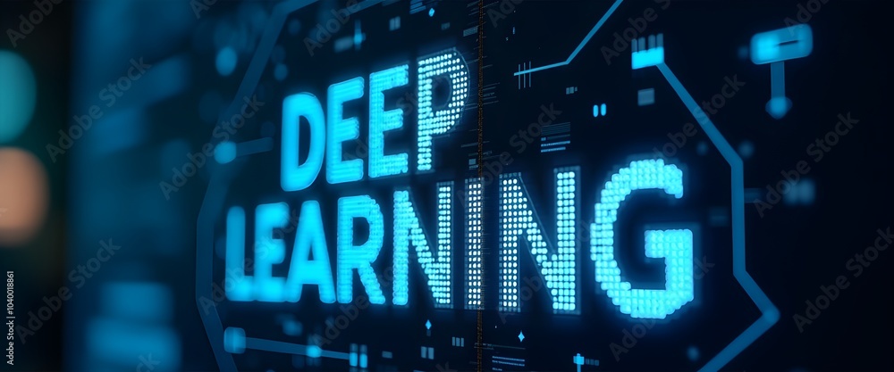 Poster digital representation of deep learning with futuristic tech elements.