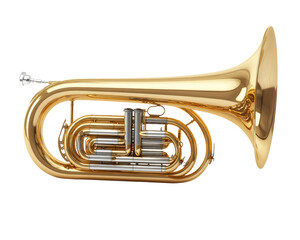 Obraz premium A brass instrument with a gold color. It is a trumpet. The trumpet is in a white background