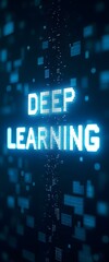 Fototapeta premium Neon 'deep learning' text with digital blocks symbolizes ai and neural networks.