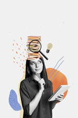 Composite trend sketch collage of monochrome caricature young woman student library half head...