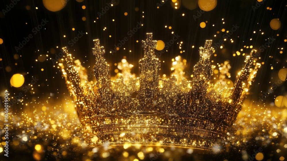 Poster a lavish crown visualized as a golden holographic projection, with sparkling particles and flowing d