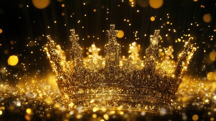 Naklejka premium A lavish crown visualized as a golden holographic projection, with sparkling particles and flowing data streams forming its elegant shape, merging past and future