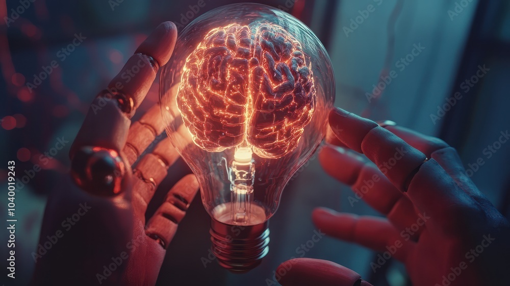 Poster ai, machine learning, hands of robot and human touch on big data network, brain data creative in lig