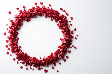 A circular arrangement of small red heart shaped confetti is displayed on a white surface. The vibrant hearts create a festive and romantic atmosphere, perfect for celebrations or special occasions li