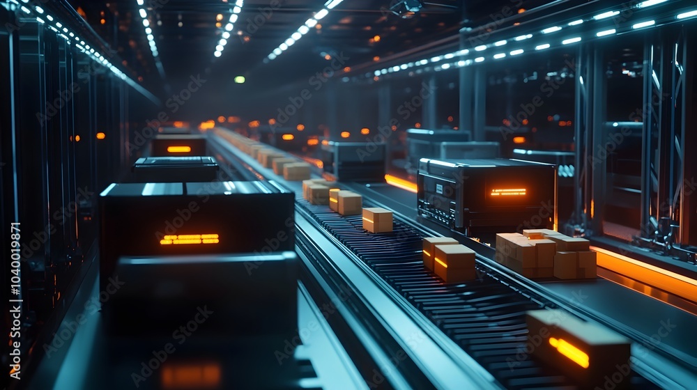 Poster futuristic automated warehouse with conveyor sorting packages for efficient logistics