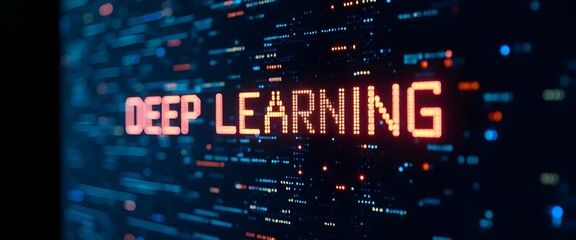 Digital display of 'deep learning' with data streams, symbolizing ai and neural networks.