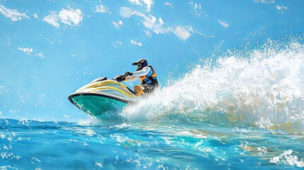 A jet ski speeding across the crystal-clear ocean, leaving a white trail of foam behind.